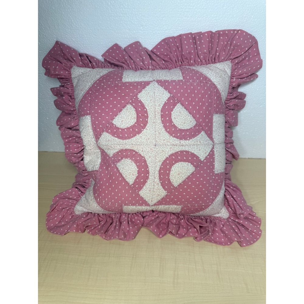 Quilted Pink Heart Floral Ruffle Throw Pillow Cottagecore 90's Farmhouse VTG - Picture 4 of 7